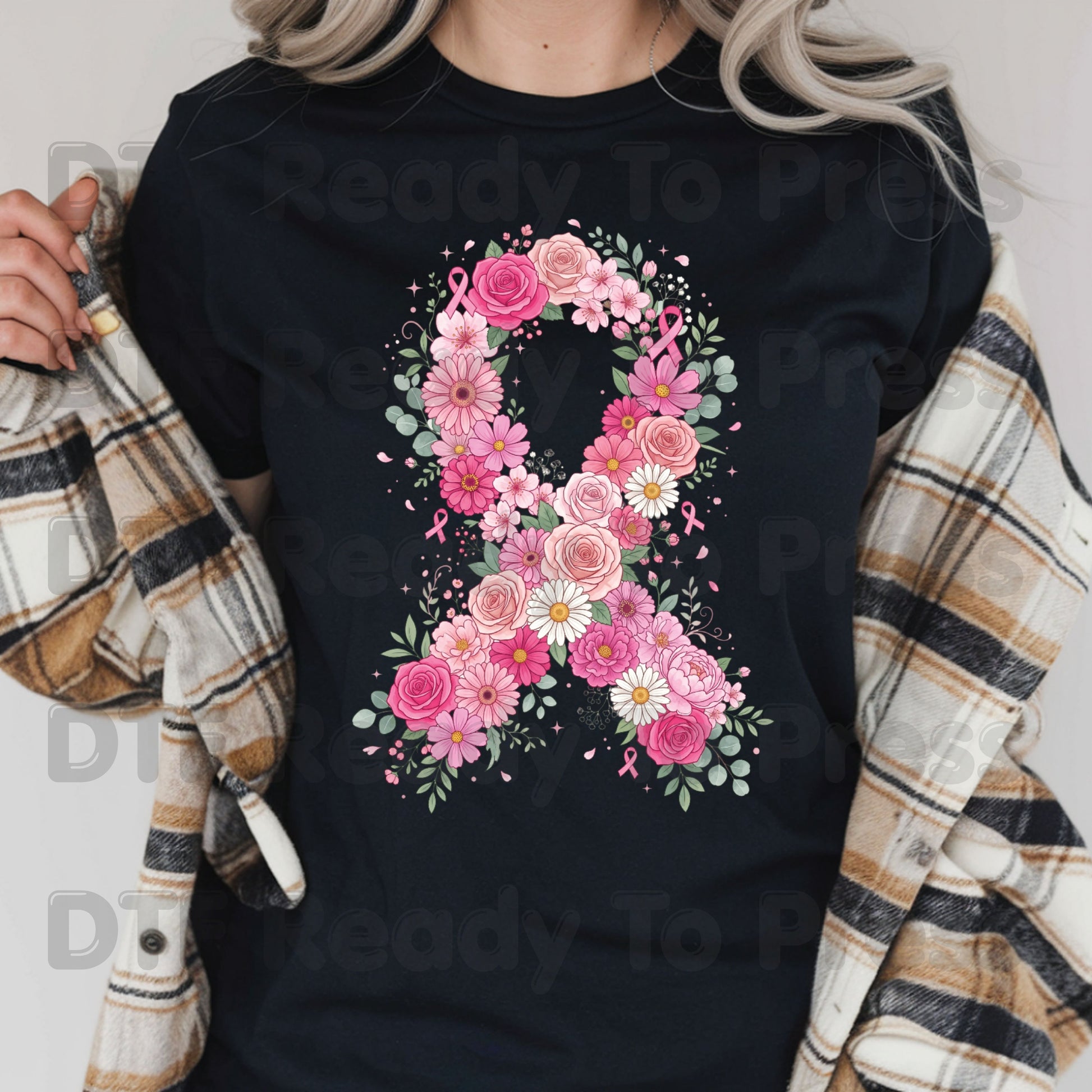 Floral Pink Ribbon Breast Cancer Awareness DTF Transfer Ready to Press Heat Transfer Survivor Tee