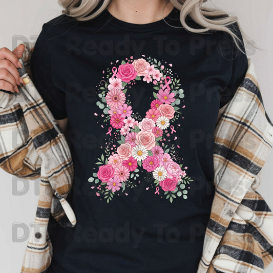 Floral Pink Ribbon Breast Cancer Awareness DTF Transfer Ready to Press Heat Transfer Survivor Tee