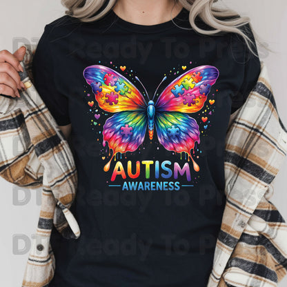Autism Awareness DTF Transfer Ready to Press Rainbow Butterfly Puzzle Pieces Heat Transfer Tee Print Direct to Film Transfer