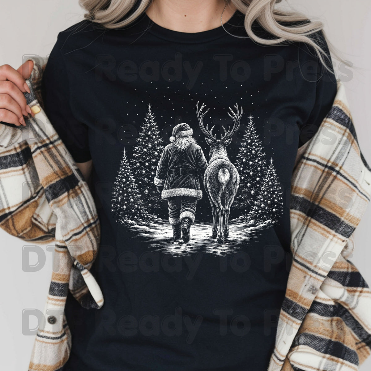 Black White Santa DTF Transfers, Reindeer Forest Vintage Christmas Holiday Ready to Press