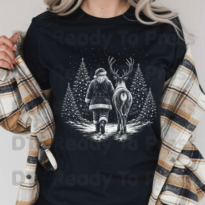 Black White Santa DTF Transfers, Reindeer Forest Vintage Christmas Holiday Ready to Press