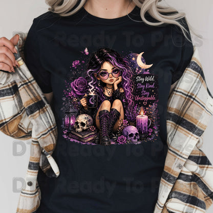 Stay Wild Stay Kind DTF Transfers, Purple Goth Girl Skull Crescent Moon Witchy Ready to Press