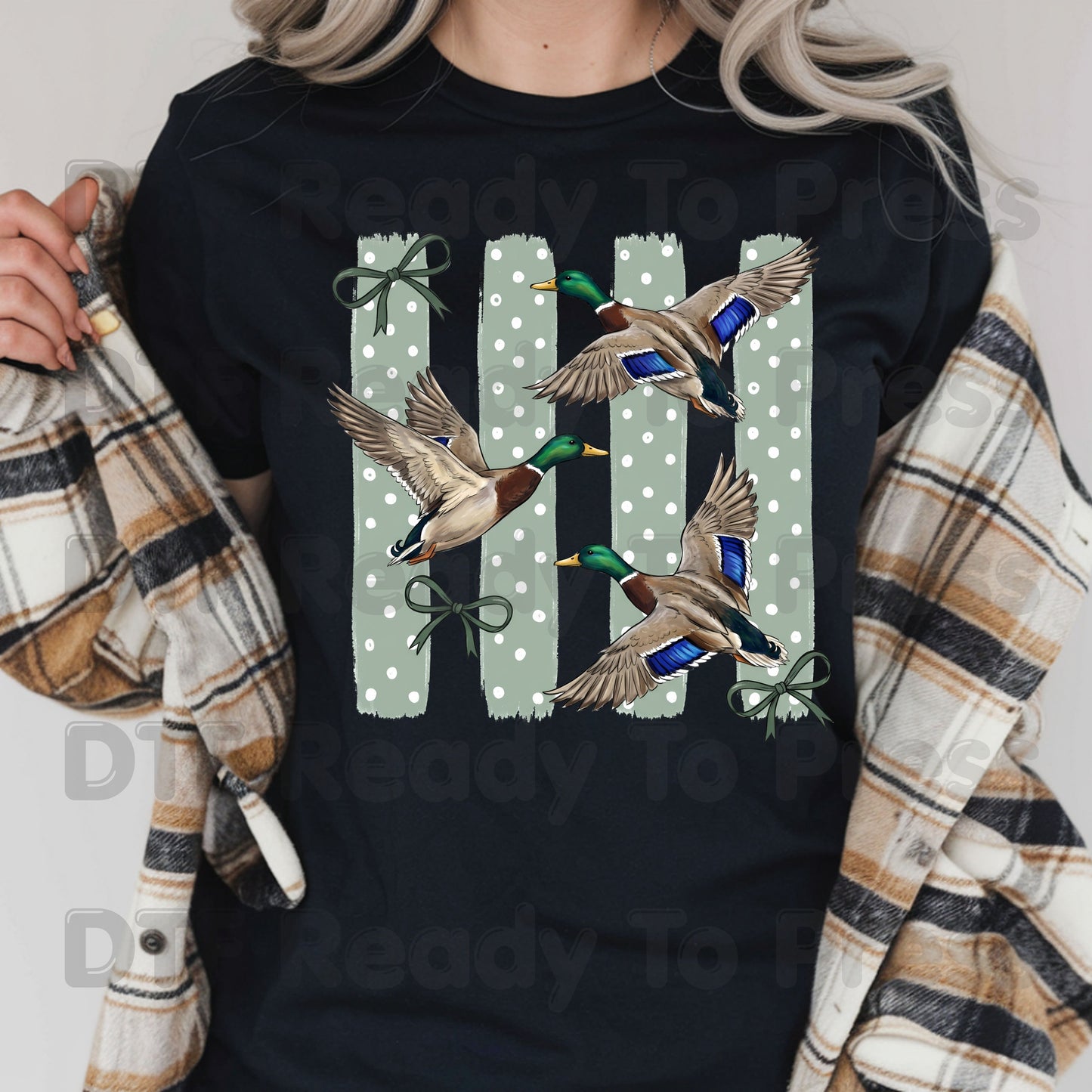 Flying Mallard Ducks DTF Transfers, Vintage Mallard Green Bows Polka Dot Coquette Hunting Ready to Press