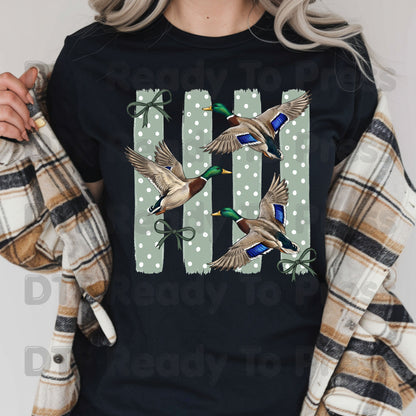 Flying Mallard Ducks DTF Transfers, Vintage Mallard Green Bows Polka Dot Coquette Hunting Ready to Press