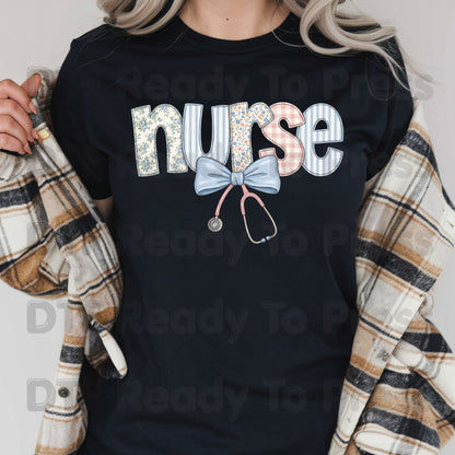 Nurse DTF Transfers, Coquette Floral Nurse Bow Stethoscope Vintage Patchwork