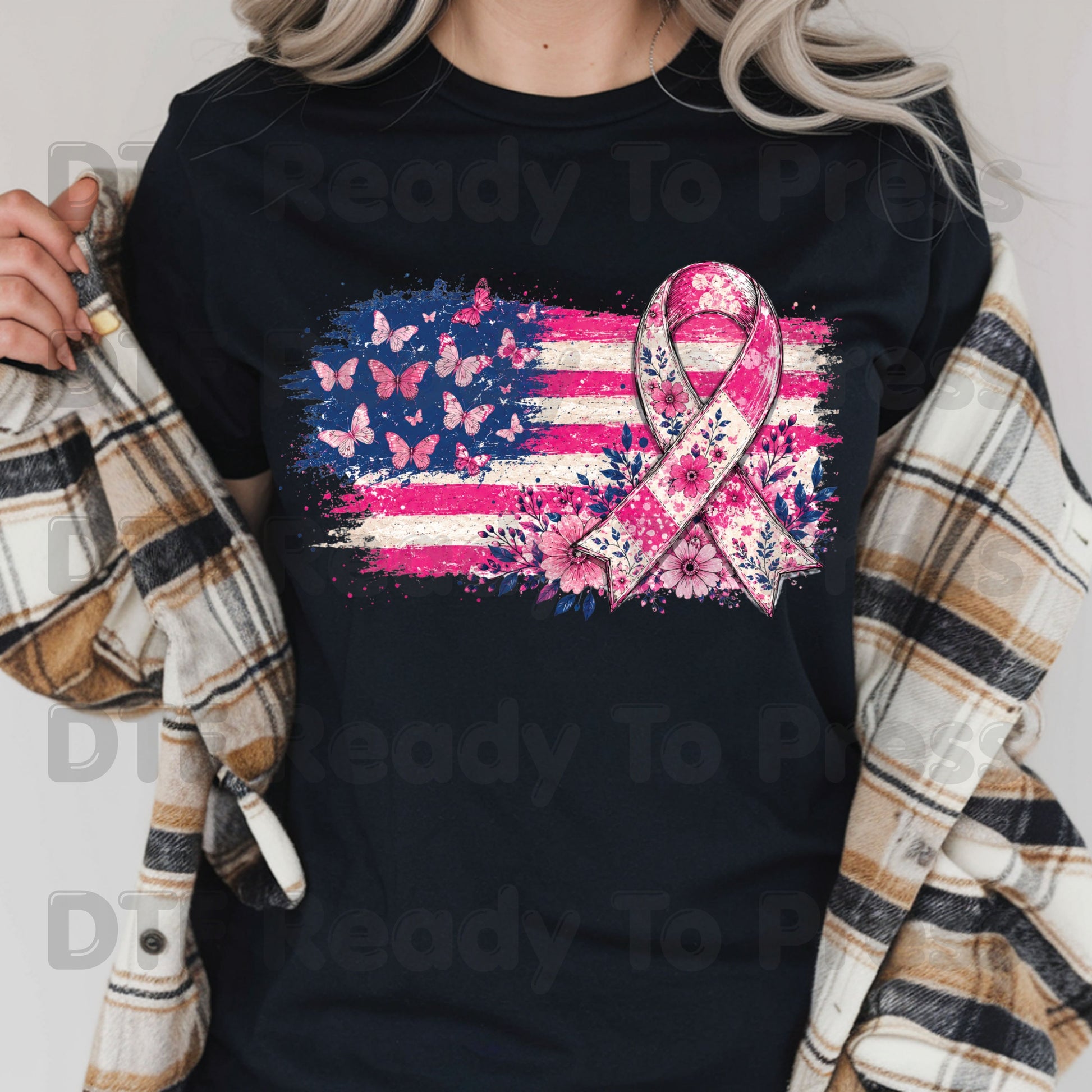 American Flag Pink Ribbon Butterfly Breast Cancer Awareness DTF Transfer Ready to Press Heat Transfer Tee