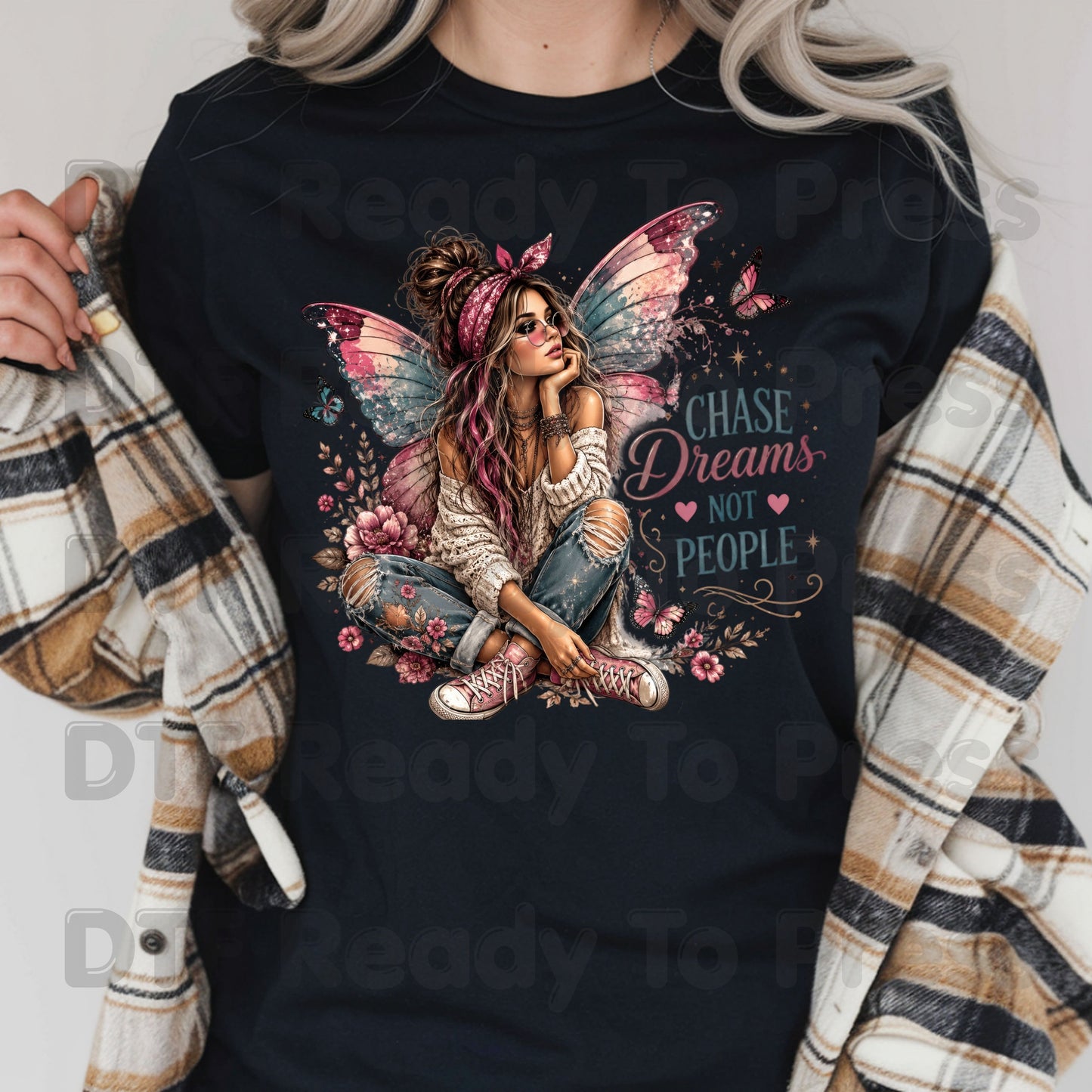 Chase Dreams Not People Fairy DTF Transfers, Boho Fairy Girl Butterfly Wings Inspirational Ready to Press