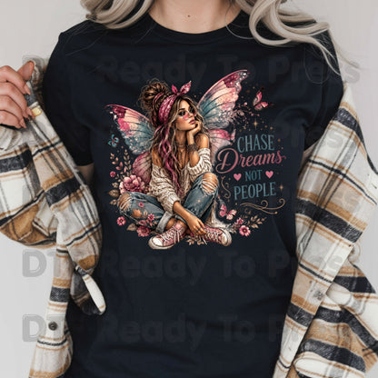 Chase Dreams Not People Fairy DTF Transfers, Boho Fairy Girl Butterfly Wings Inspirational Ready to Press