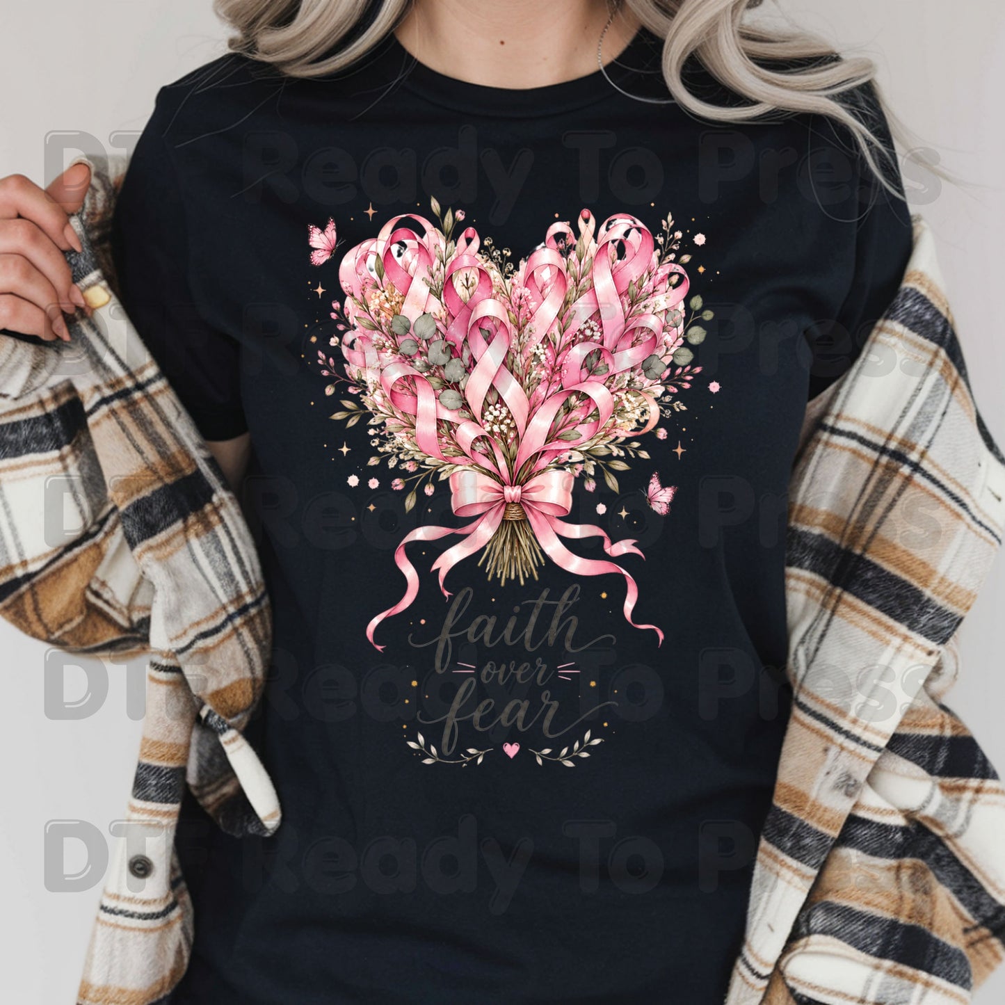 Faith Over Fear Breast Cancer Awareness DTF Transfer Ready to Press Heat Transfer Pink Ribbon Bouquet Tee
