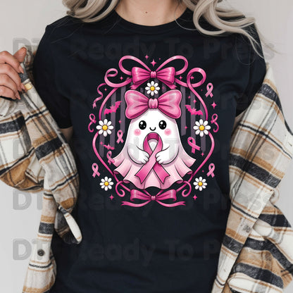 Halloween Breast Cancer Awareness Cute Ghost DTF Transfer Ready to Press Heat Transfer Pink Ribbon Bow Spooky Tee