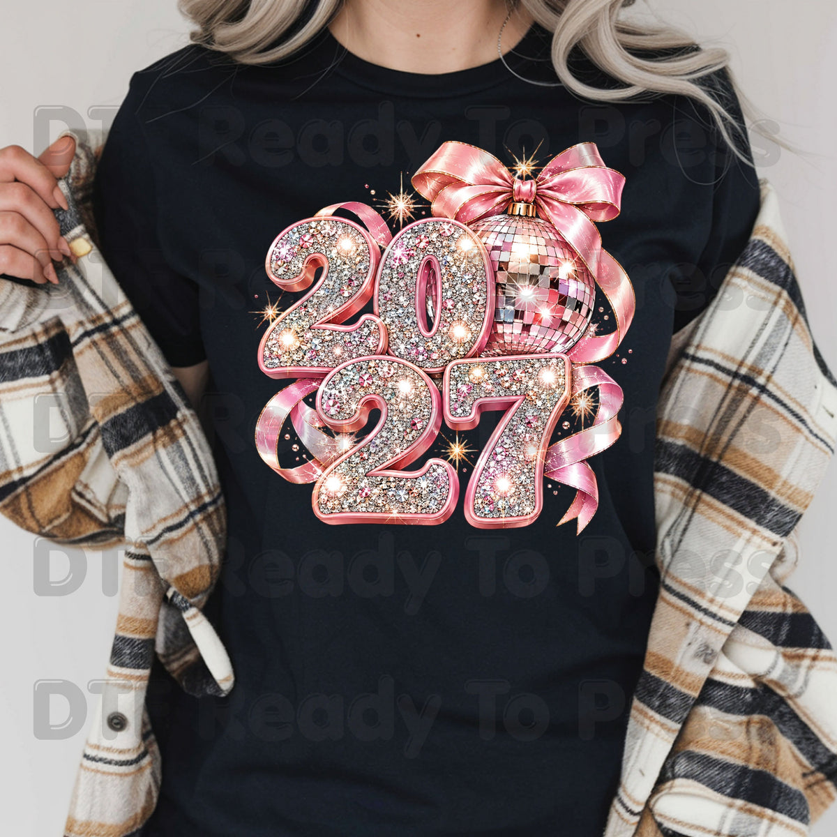 New Year 2027 DTF Transfer, Pink Glitter Numbers, Disco Ball Bow