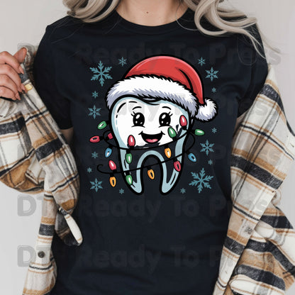 Christmas Cute Dental Tooth DTF Transfers, Dentist Hygienist Santa Holiday Lights Ready to Press