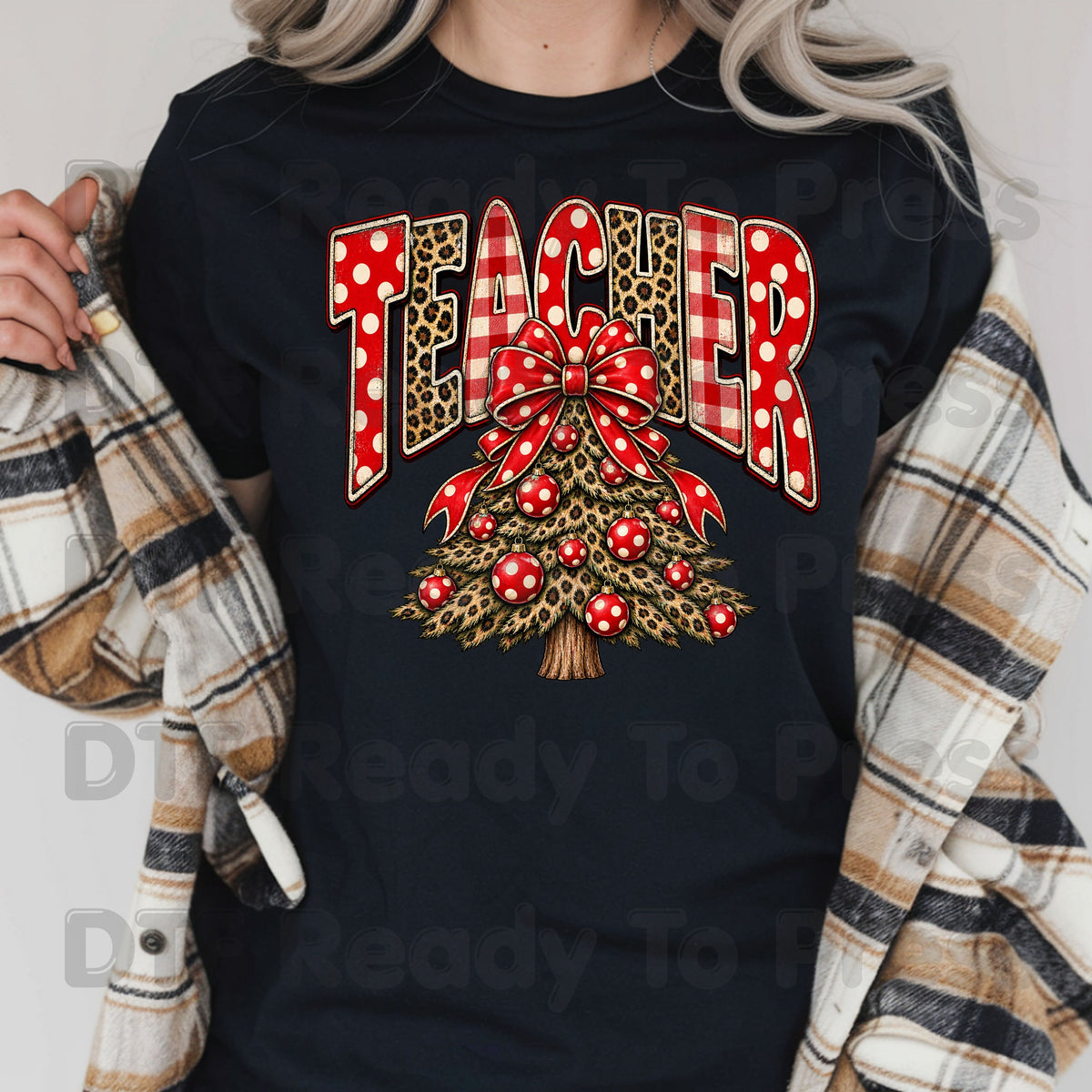 Christmas Teacher Tree DTF Transfers, School Leopard Plaid Red Bow Holiday Ready to Press
