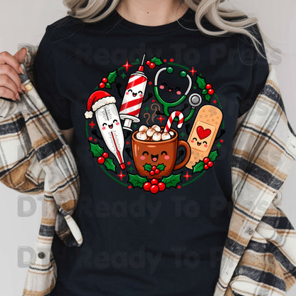 Christmas Medical Squad DTF Transfers, Cute Nurse Holiday Cocoa Stethoscope Graphic Ready to Press