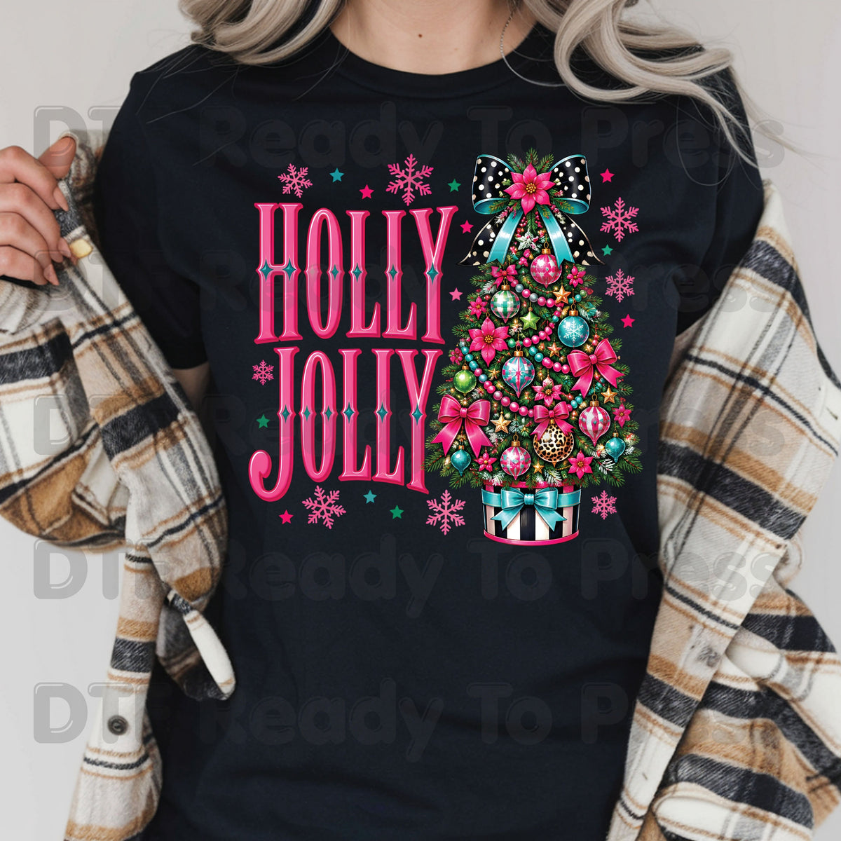 Christmas DTF Transfer, Holly Jolly Pink Christmas Tree, Bow and Snowflakes