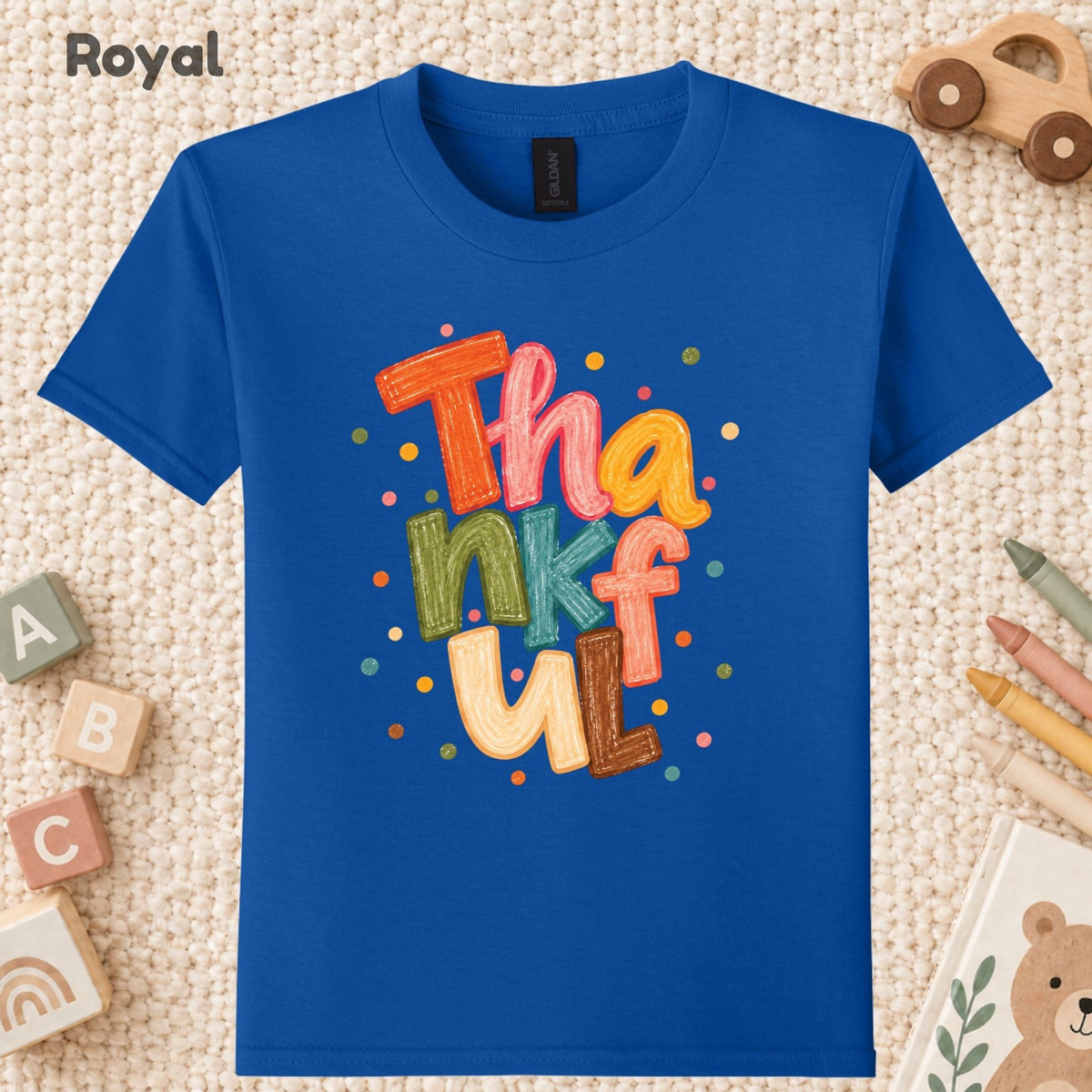 Thankful T-Shirt, Colorful Crayon Lettering Thanksgiving Tee, Fall Holiday Sweatshirt
