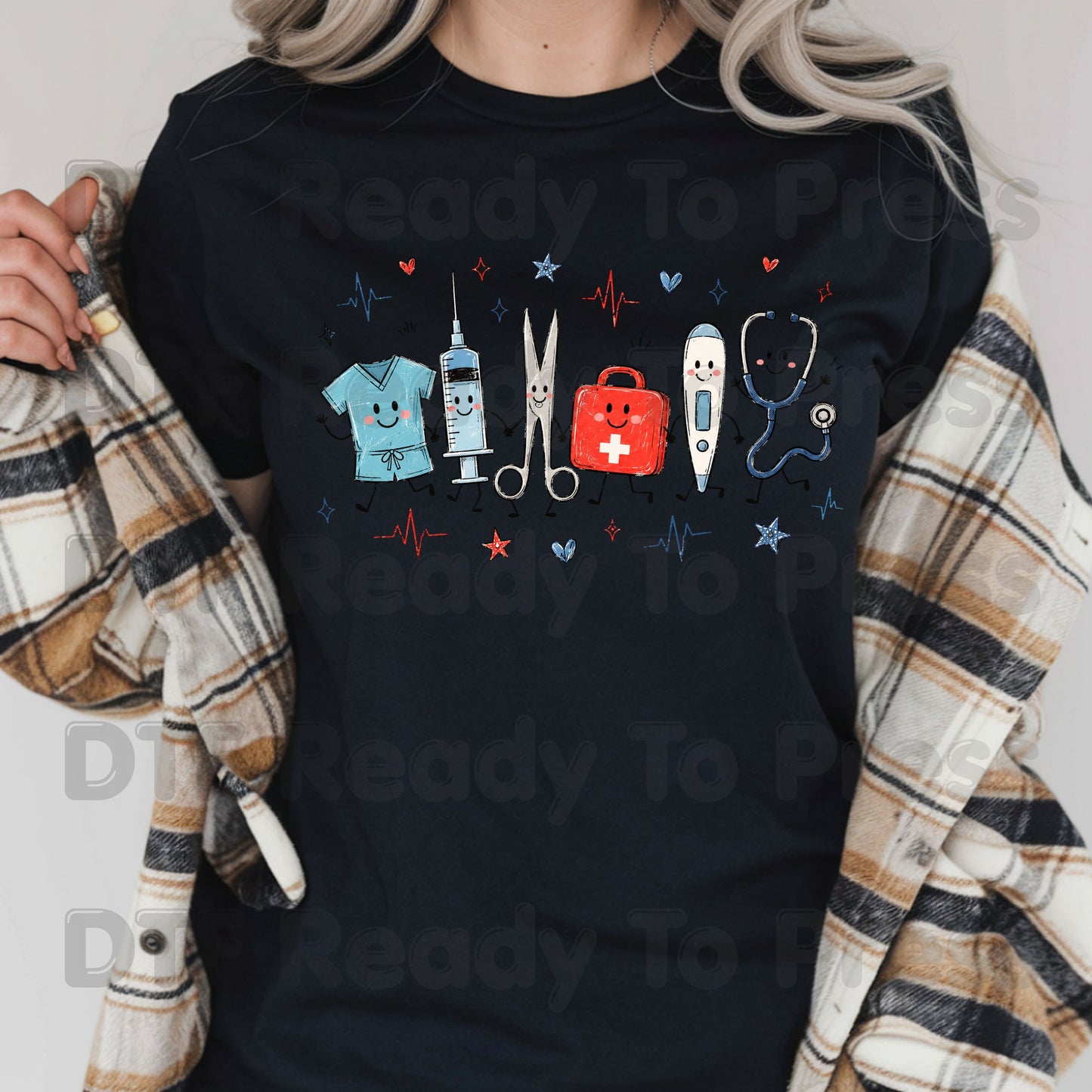 Cute Nurse Life DTF Transfers, Medical Equipment Friends Stethoscope Scrubs Syringe First Aid Healthcare Ready to Press