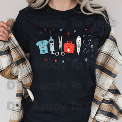 Cute Nurse Life DTF Transfers, Medical Equipment Friends Stethoscope Scrubs Syringe First Aid Healthcare Ready to Press
