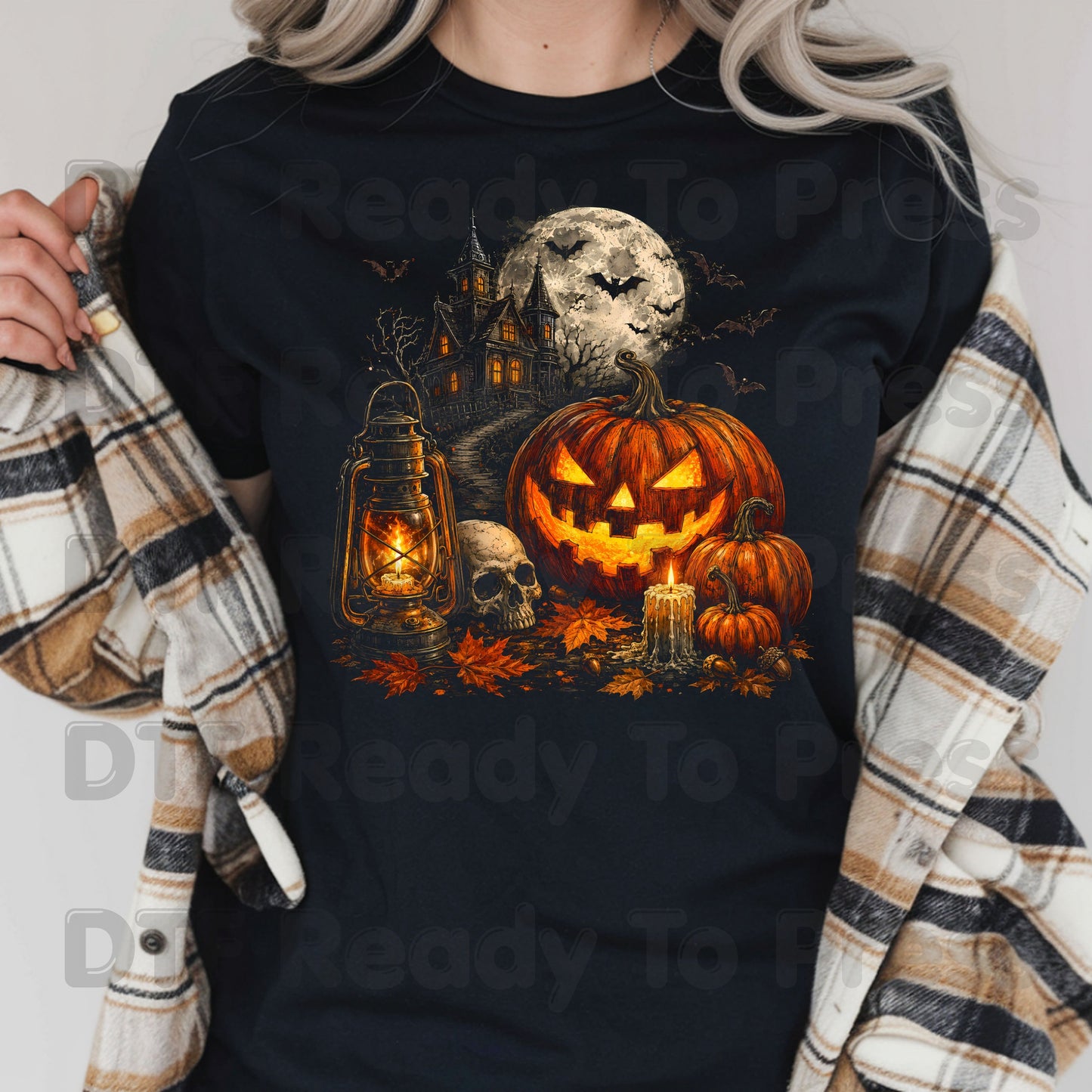 Vintage Haunted House Pumpkin DTF Transfers, Lantern Jack O Lantern Halloween Spooky Autumn Ready to Press