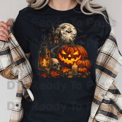 Vintage Haunted House Pumpkin DTF Transfers, Lantern Jack O Lantern Halloween Spooky Autumn Ready to Press