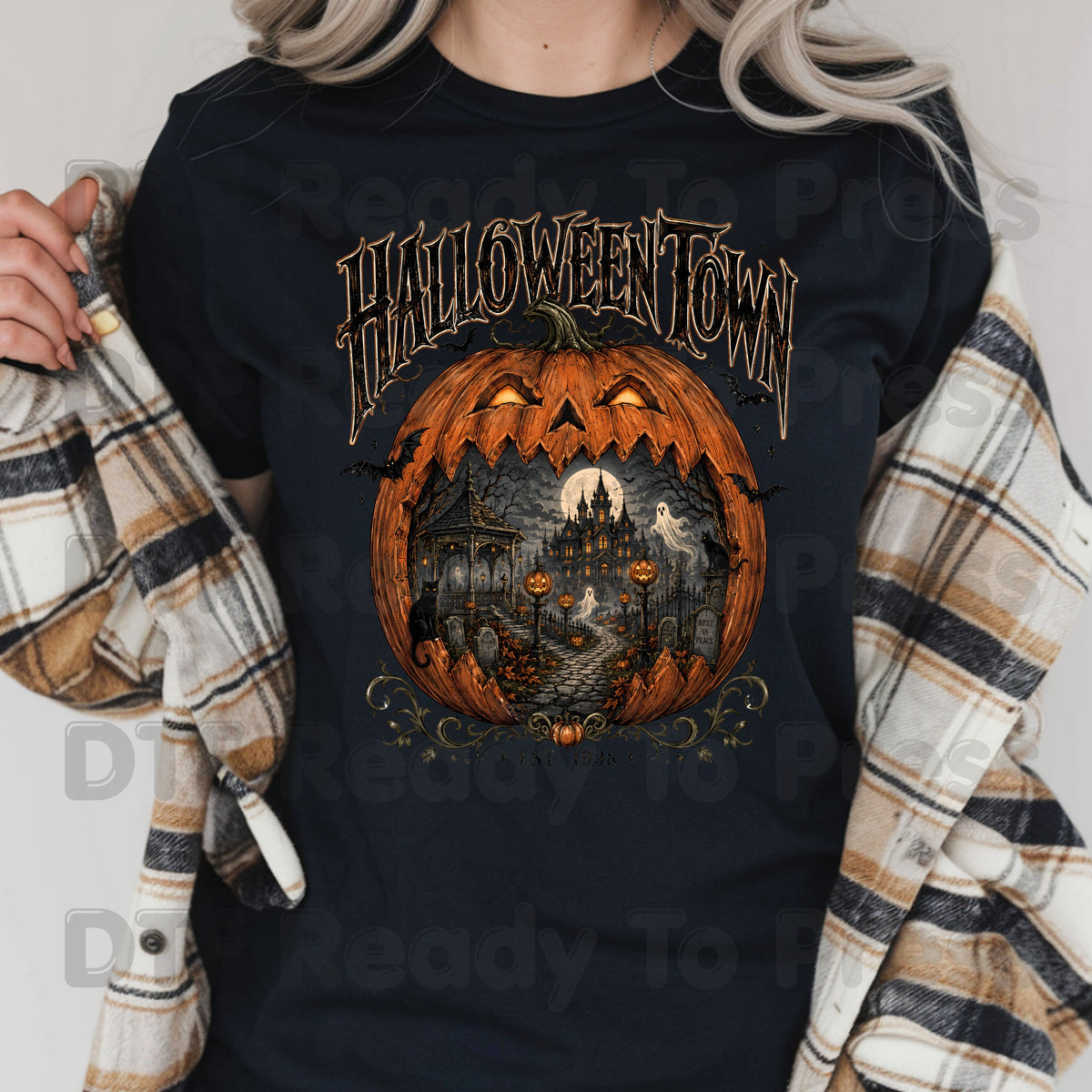 Halloween Town DTF Transfers, Est 1998 Spooky Pumpkin Vintage Haunted House Ready to Press