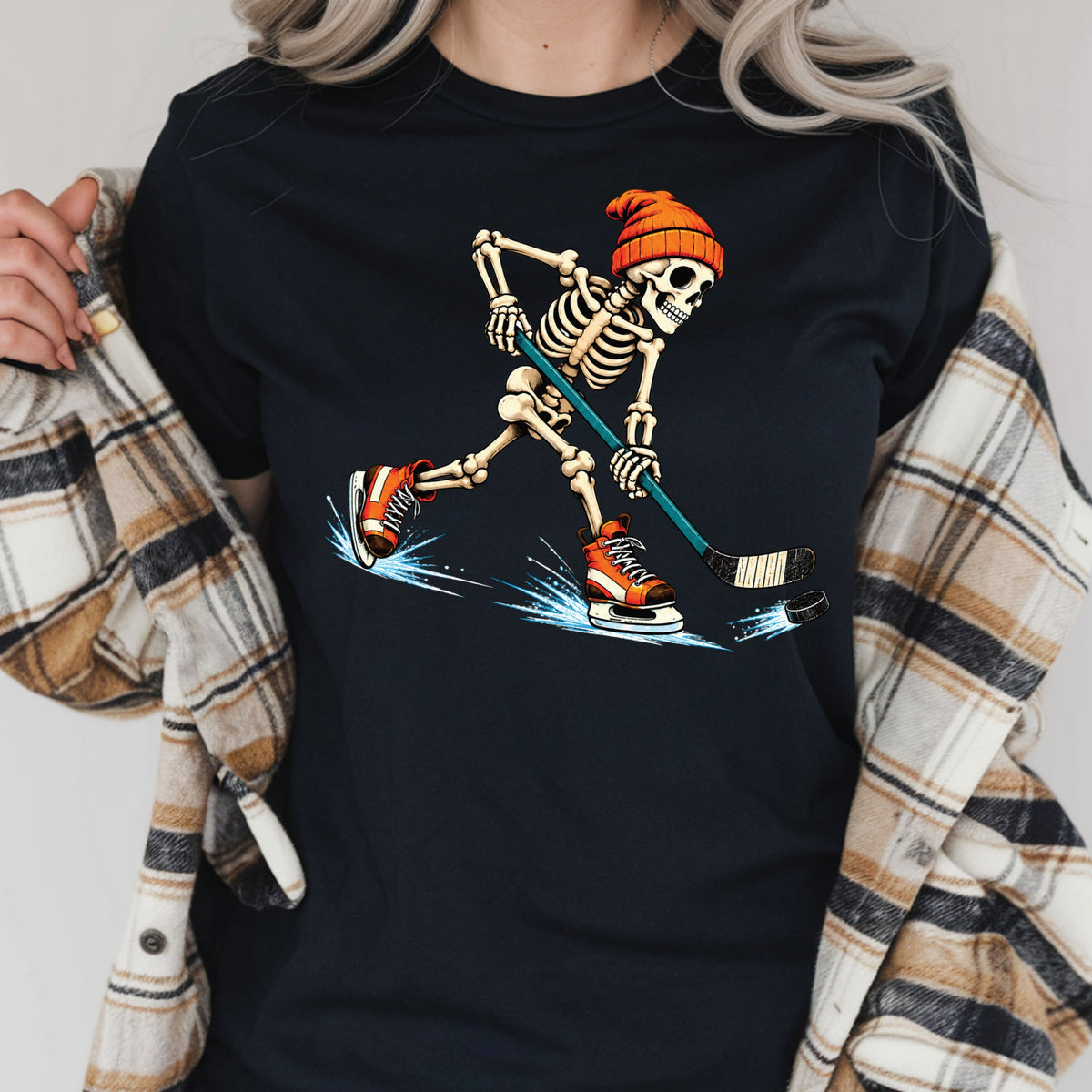 Hockey DTF Transfer, Skeleton in Beanie with Skates, Stick and Puck Graphic