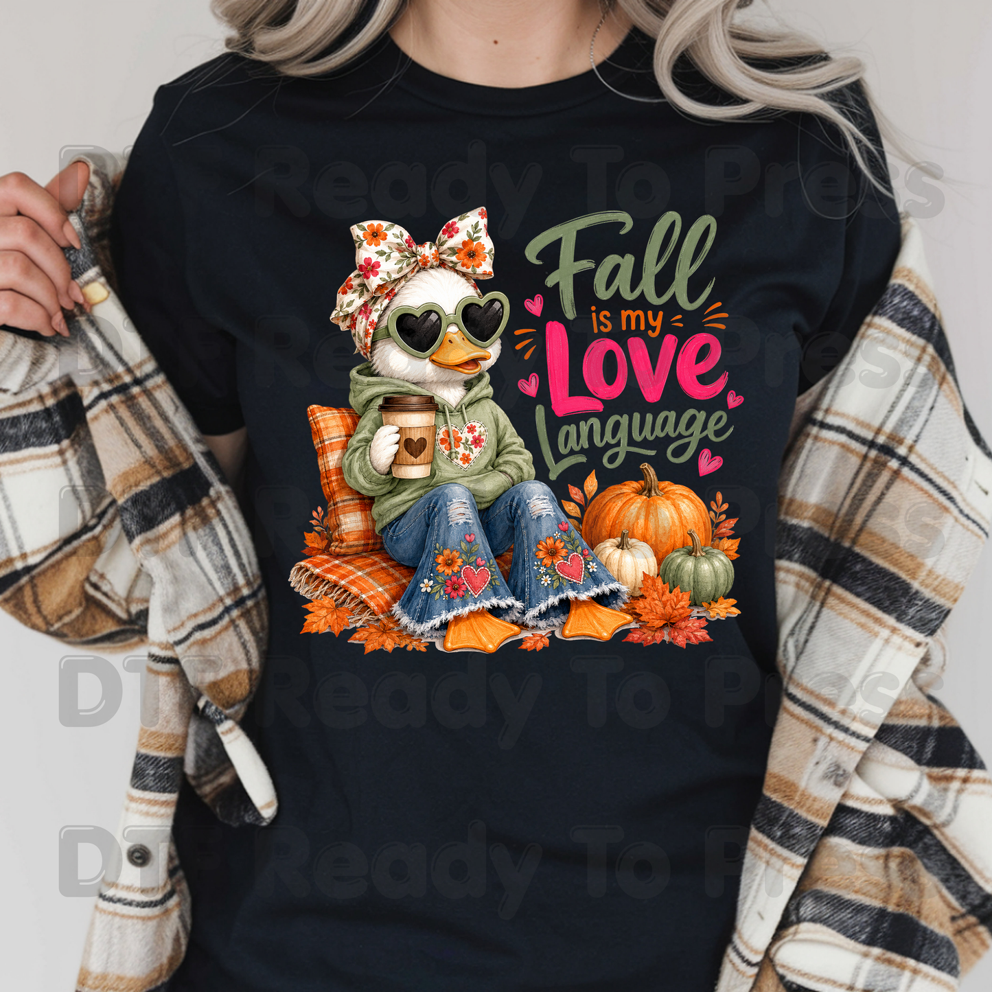 Fall Is My Love Language Duck DTF Transfer Ready to Press Floral Bow Heart Sunglasses Coffee Pumpkins Heat Transfer Shirts Autumn Vibe Tees