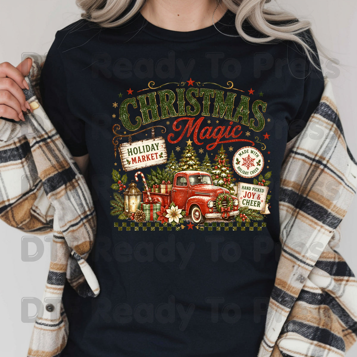 Magic Red Truck Christmas DTF Transfers, Tree Holiday Market Vintage Ready to Press