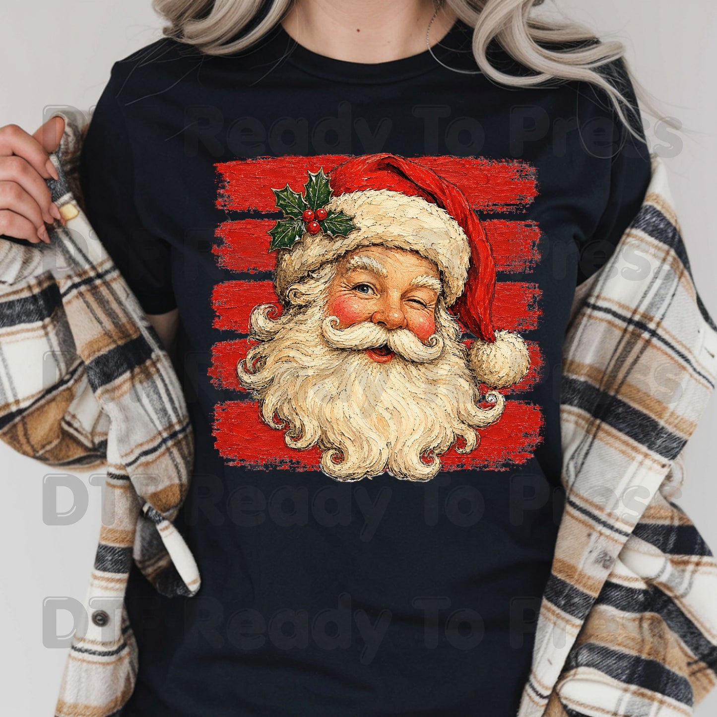 Vintage Winking Santa DTF Transfers, Retro Christmas Red Stripes Nostalgic Holiday Ready to Press