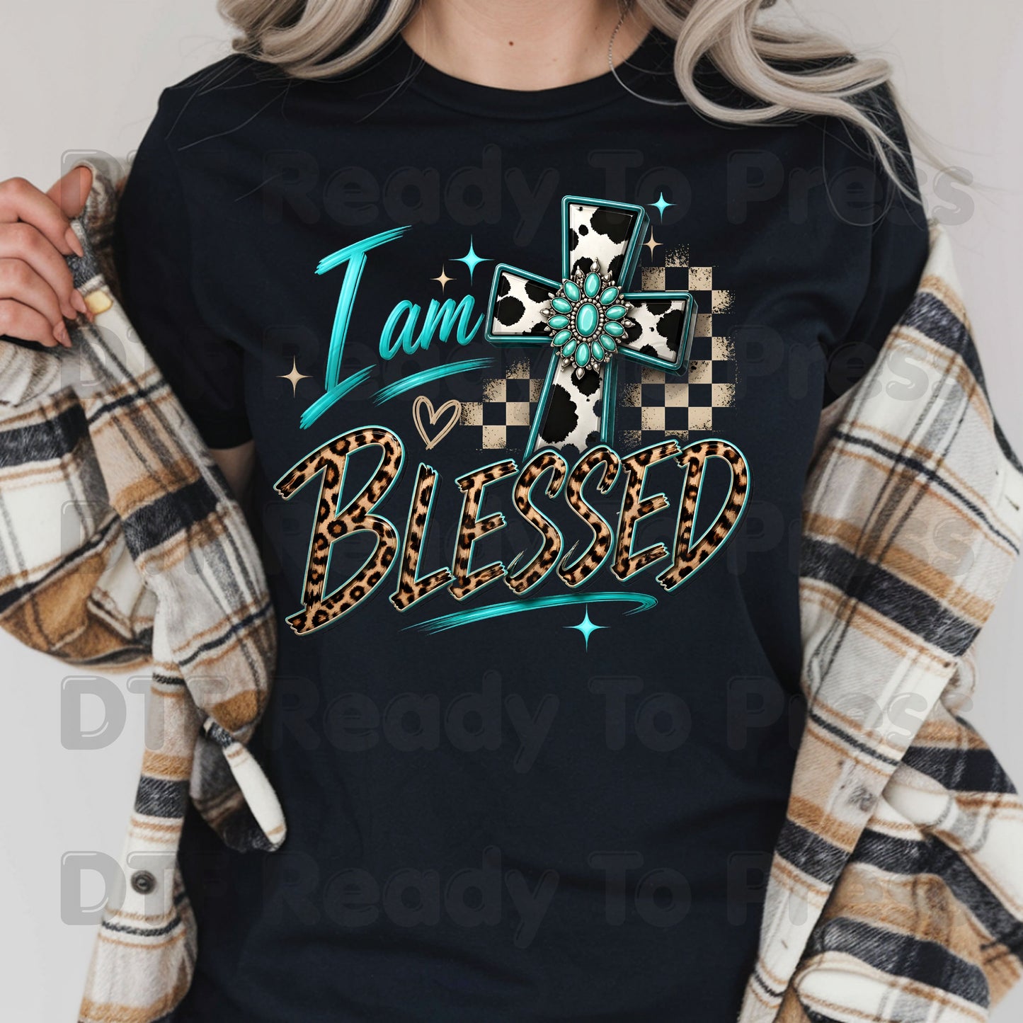 I Am Blessed DTF Transfers, Western Cross Cow Print Turquoise Leopard Faith Ready to Press