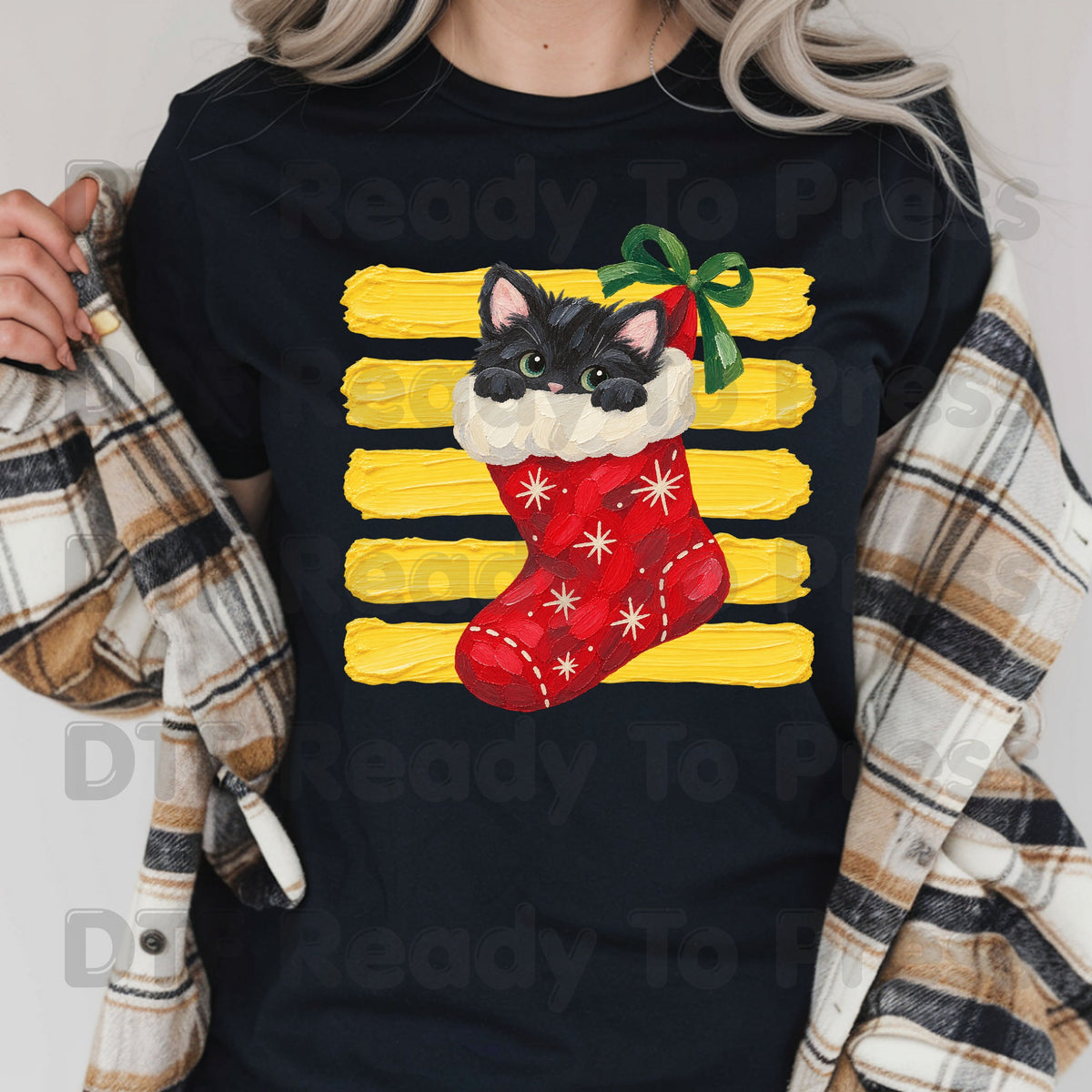 Christmas Black Cat DTF Transfers, Stocking Cute Kitten Holiday Ready to Press