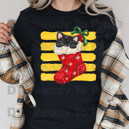Christmas Black Cat DTF Transfers, Stocking Cute Kitten Holiday Ready to Press
