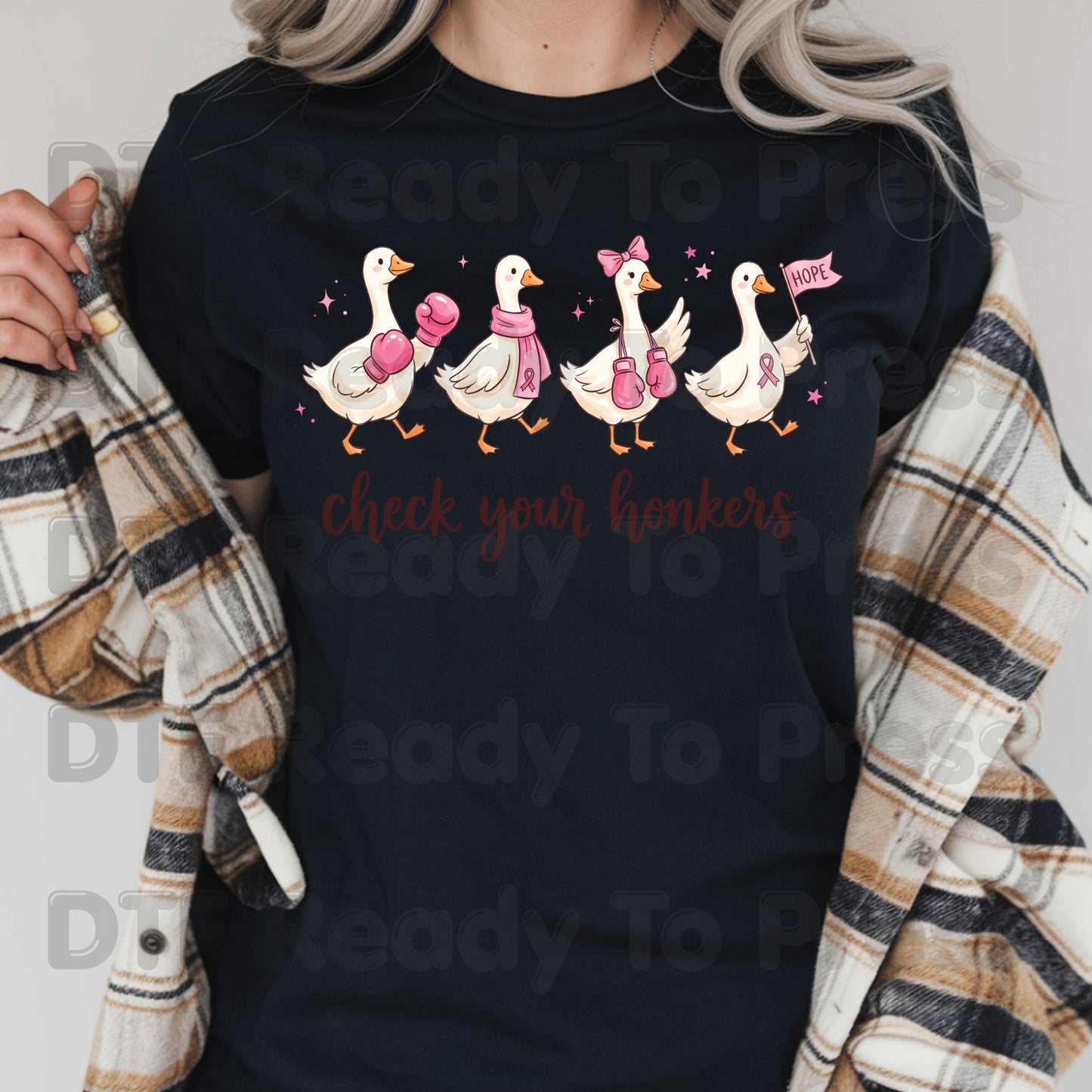 Breast Cancer Awareness Check Your Honkers DTF Transfer Ready to Press Funny Duck Heat Transfer Pink Ribbon Tee