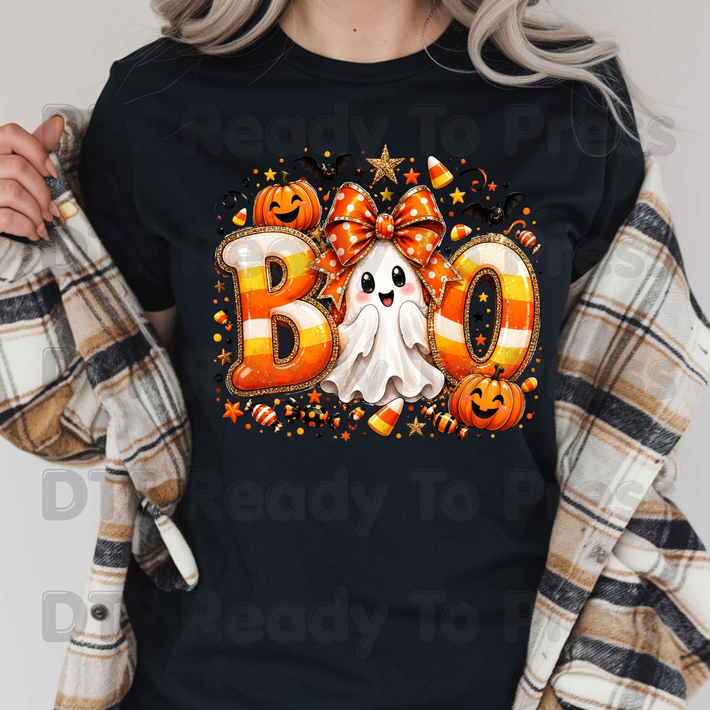 Halloween DTF Transfers, Boo Ghost Orange Bow Candy Corn Pumpkin Spooky Season Ready to Press
