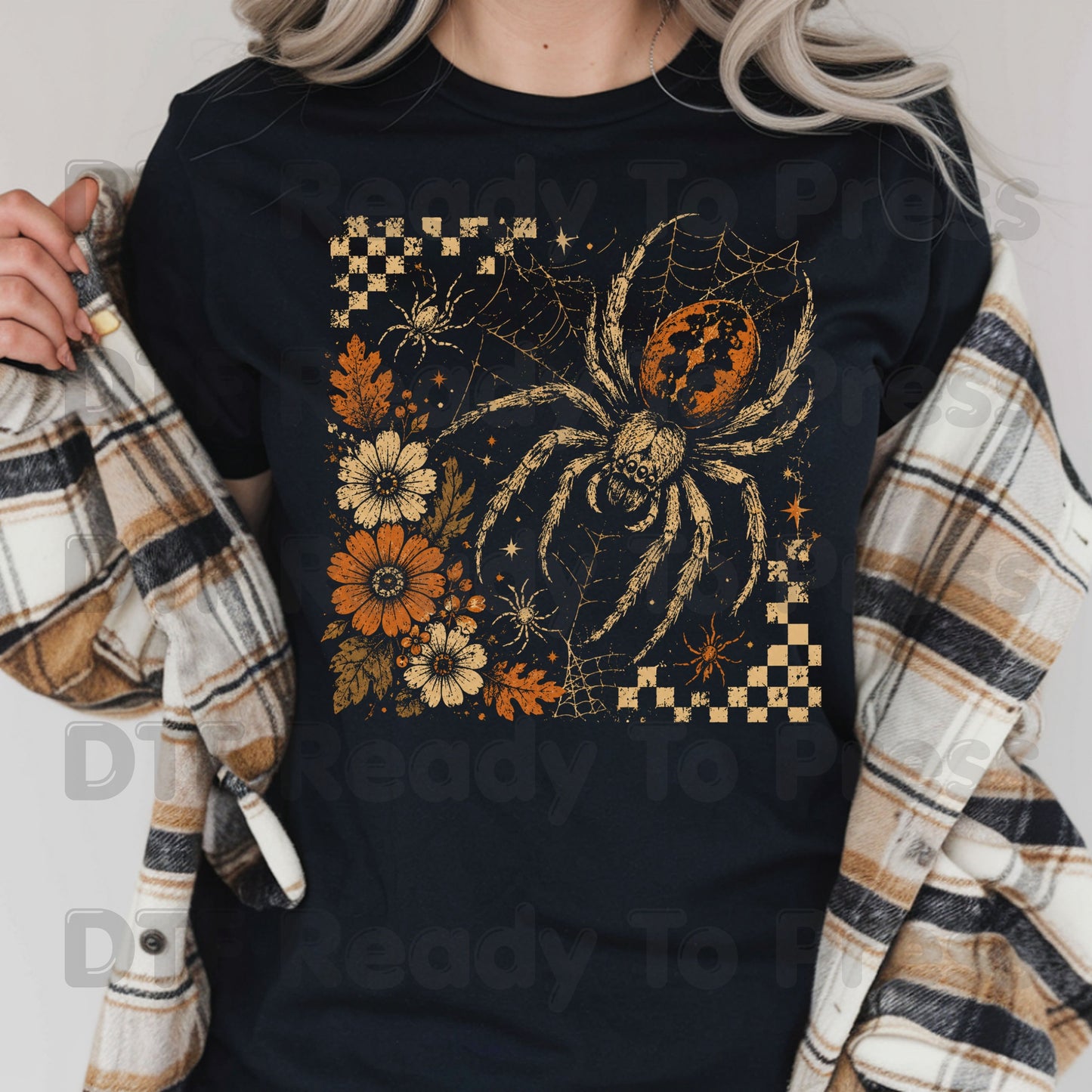 Vintage Fall Halloween Spider DTF Transfers, Floral Spiderweb Checkered Spooky Season Ready to Press