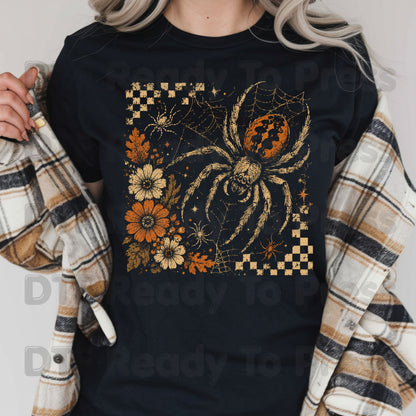 Vintage Fall Halloween Spider DTF Transfers, Floral Spiderweb Checkered Spooky Season Ready to Press