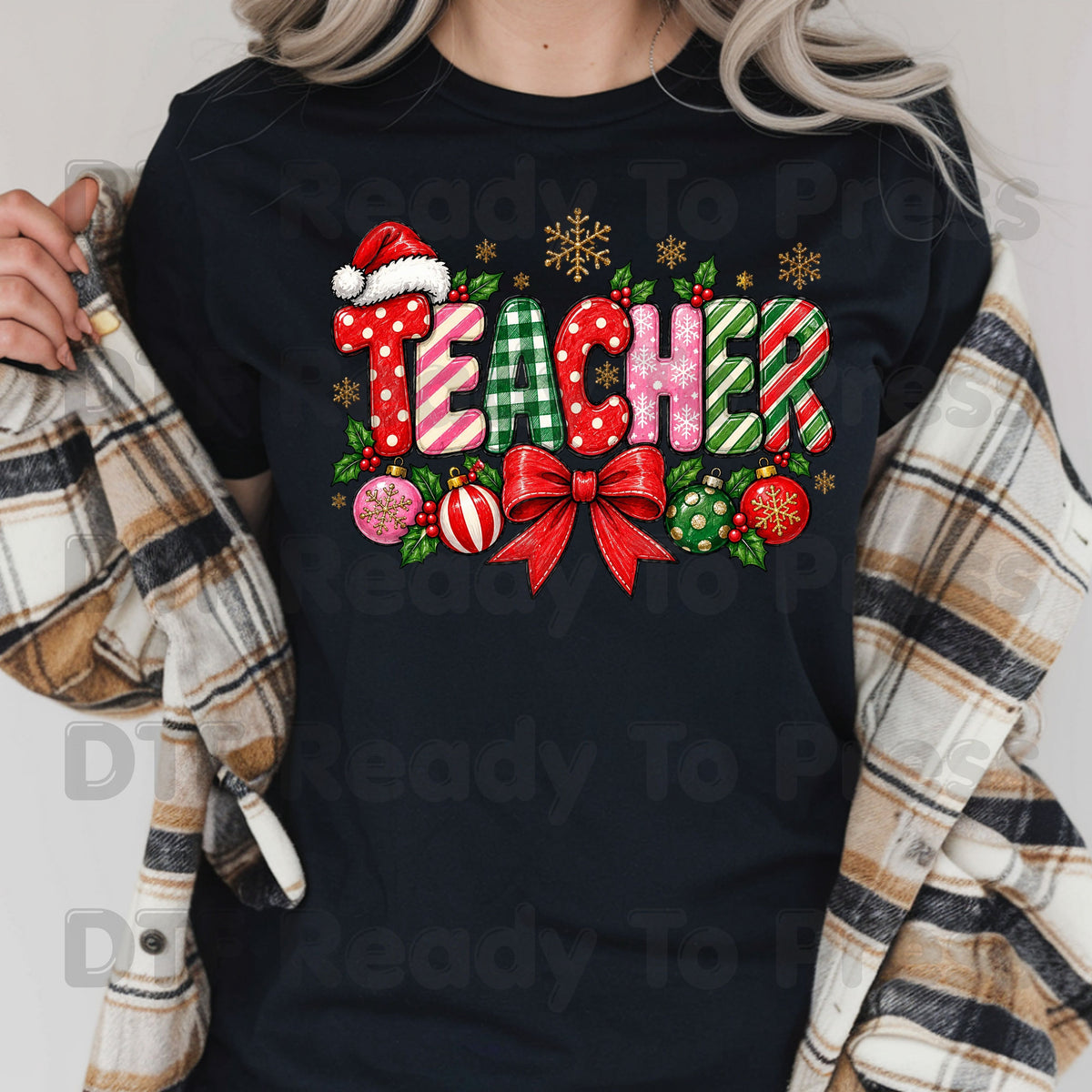 hristmas Teacher DTF Transfers, Holiday School Bow Ornaments Santa Hat Graphic Ready to Press