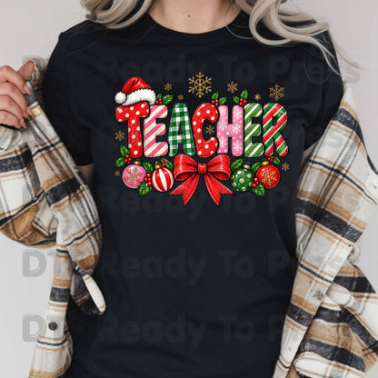 hristmas Teacher DTF Transfers, Holiday School Bow Ornaments Santa Hat Graphic Ready to Press