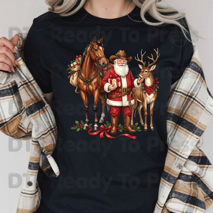 Christmas DTF Transfer, Cowboy Santa with Horse and Reindeer, Western Holiday Graphic