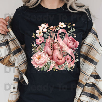 Pink Boxing Gloves Breast Cancer Awareness DTF Transfer Ready to Press Heat Transfer Floral Ribbon Tee