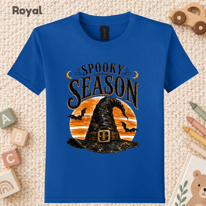 Spooky Season Vintage Witch Hat T-Shirt, Halloween Orange Moon Bats Tee for Toddler and Kids