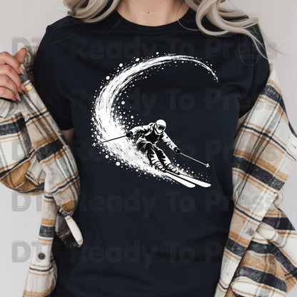 Skiing DTF Transfer, Skier with Snow Spray, Winter Sports Graphic