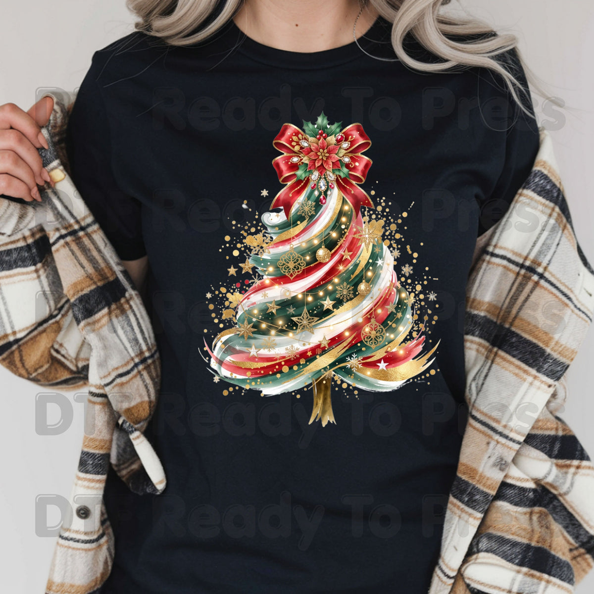 Christmas Tree DTF Transfers, Elegant Ribbon Bow Gold Glitter Holiday Ready to Press