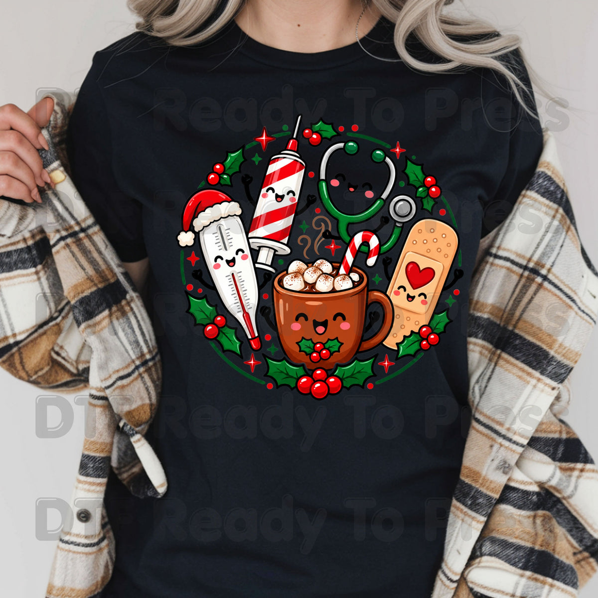 Christmas Medical Nurse DTF Transfers, Holiday Cocoa Thermometer Syringe Nurse Ready to Press