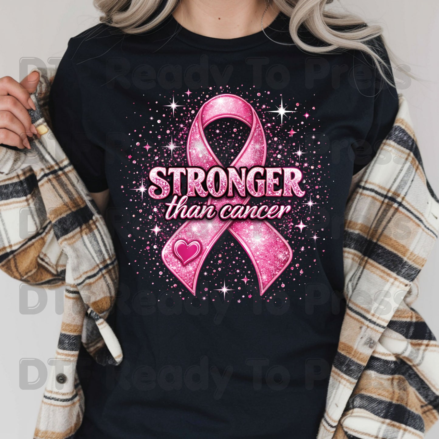 Stronger Than Cancer Pink Ribbon DTF Transfer Ready to Press Heat Transfer Glitter Sparkle Awareness Tee