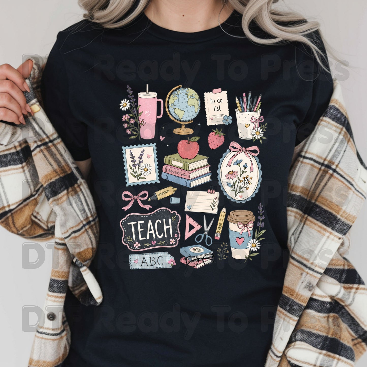 Cute Teacher Supplies DTF Transfers, Coquette Aesthetic Books Coffee Globe Teach Pink Bows Back to School Ready to Press