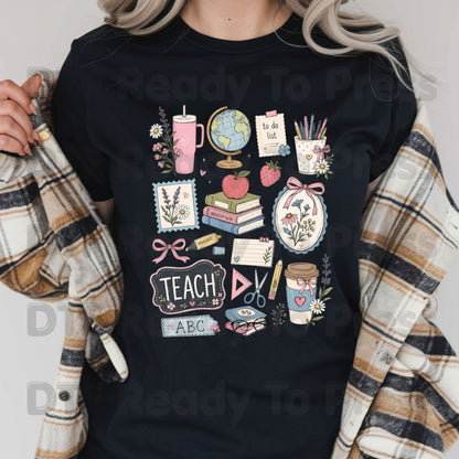 Cute Teacher Supplies DTF Transfers, Coquette Aesthetic Books Coffee Globe Teach Pink Bows Back to School Ready to Press