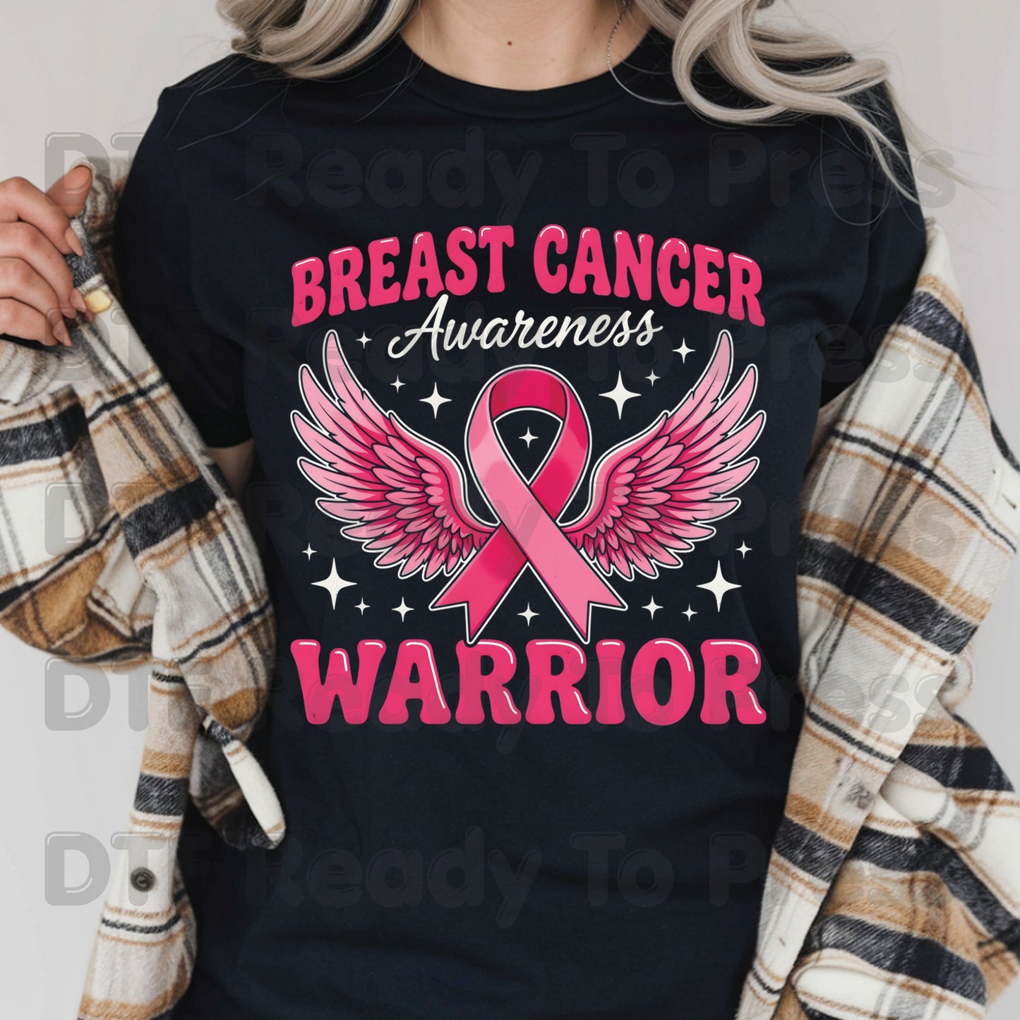 Breast Cancer Warrior DTF Transfer Ready to Press Heat Transfer Pink Ribbon Angel Wings Awareness Tee