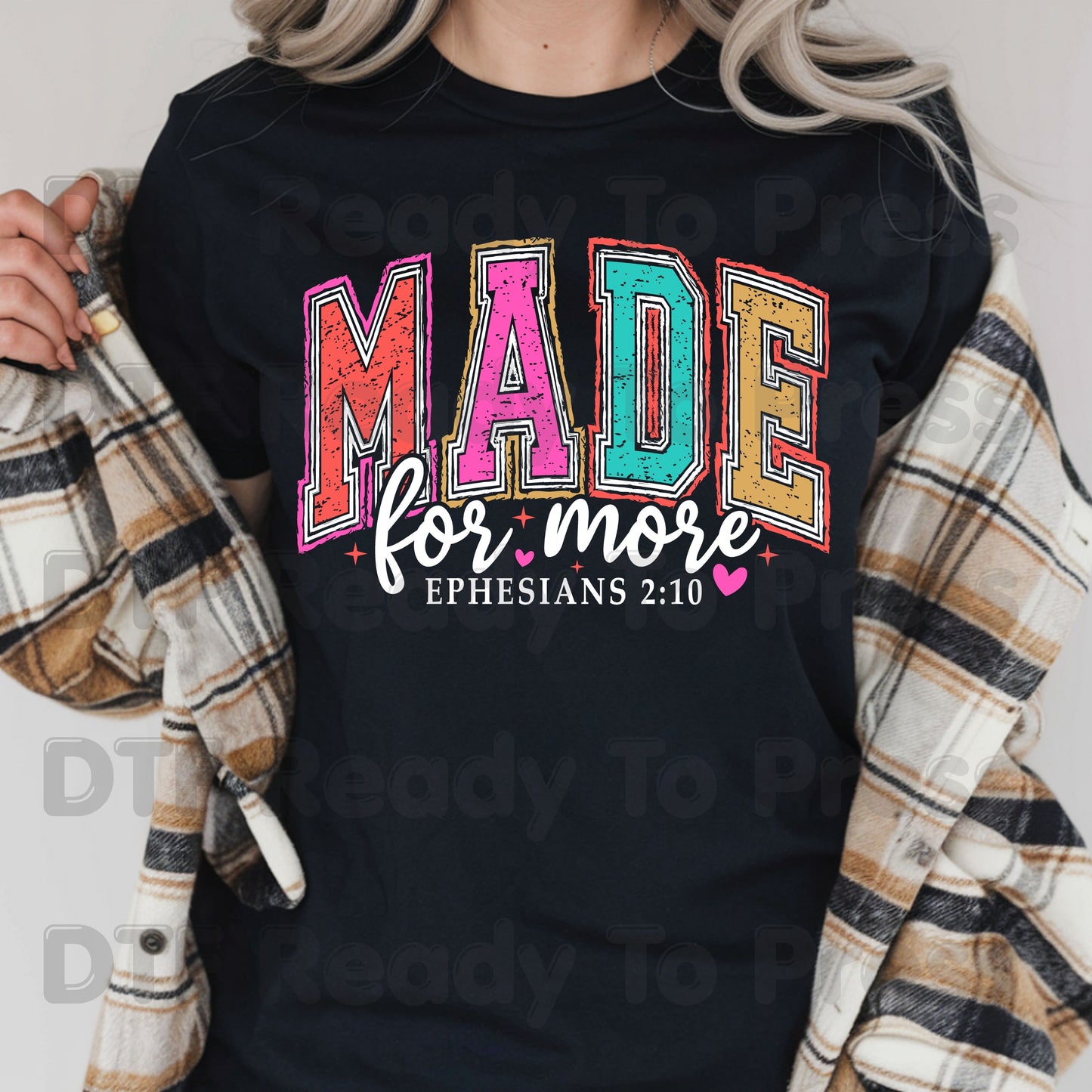Made For More Christian DTF Transfer Ready to Press Ephesians 2 10 Heat Transfer For Shirts Christian Bible Verse Colorful Varsity Bright Print