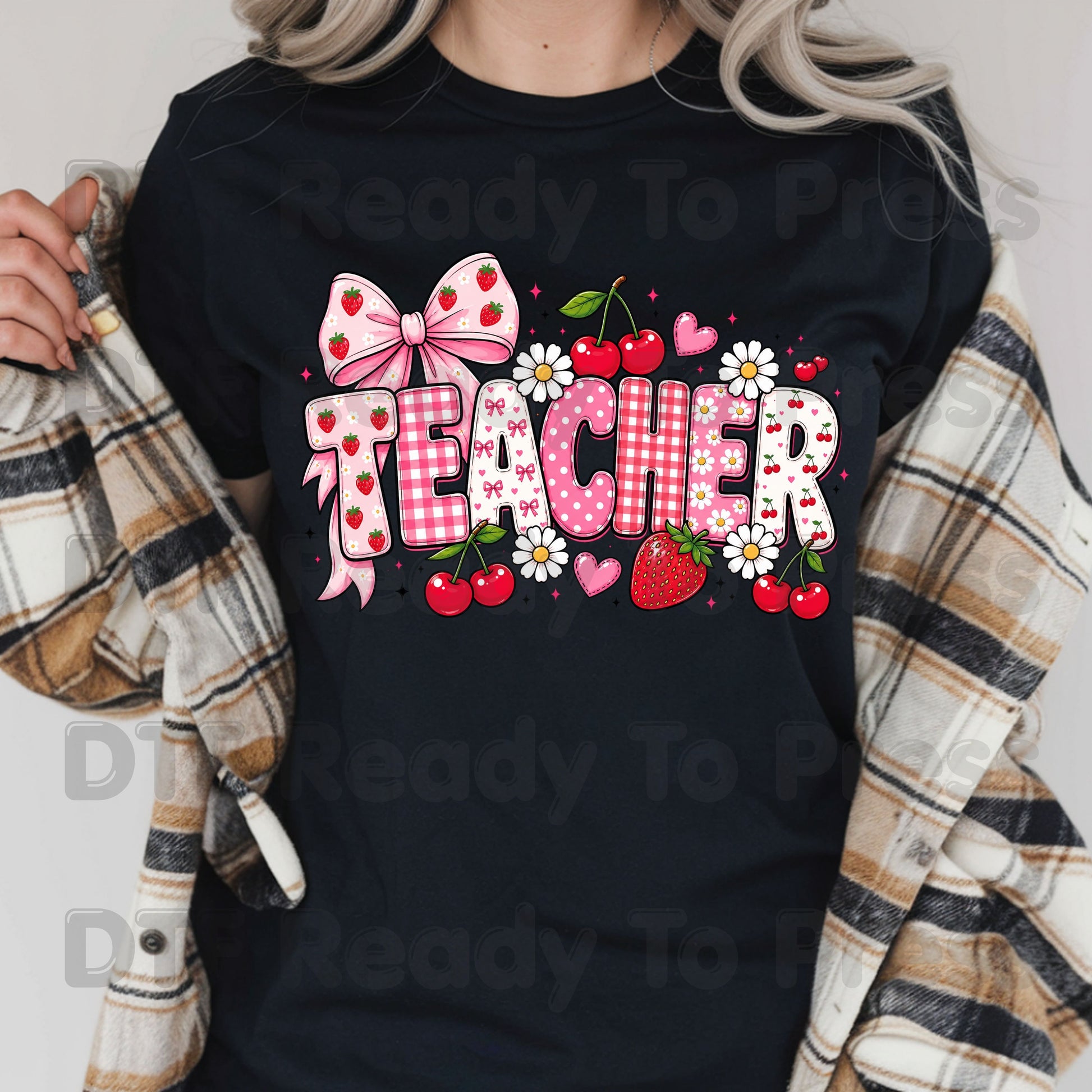 Teacher Coquette Pink DTF Transfers, Strawberries Cherries Bow School Educator Ready to Press